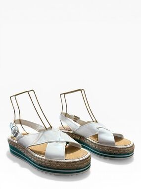 Prada Monolith White Leather Crisscross Platform Espadrille Sandals EU 37 US 7